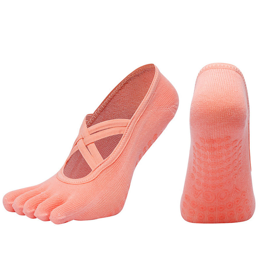 Chaussettes de yoga Olivenorma à cinq orteils, en coton antidérapant, avec brides croisées, pour femmes, idéales pour le Pilates et la barre d'entraînement. - Pastèque rouge - bout fermé - 10 paires - image 17