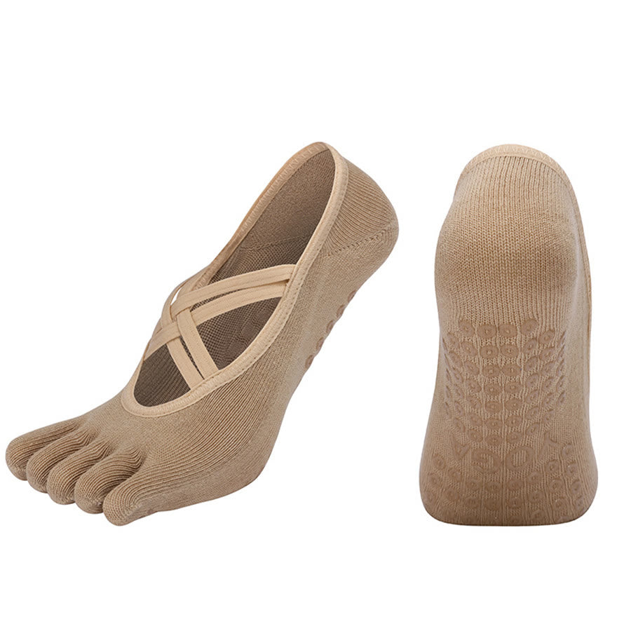 Chaussettes de yoga Olivenorma à cinq orteils, en coton antidérapant, avec brides croisées, pour femmes, idéales pour le Pilates et la barre d'entraînement. - Kaki - bout fermé - 10 paires - image 19