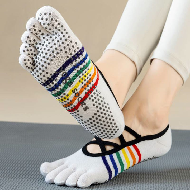 Chaussettes de yoga pour femmes Olivenorma à brides croisées, dos nu, cinq orteils, color-block arc-en-ciel, antidérapantes et respirantes - Blanc - 10 paires - image 0