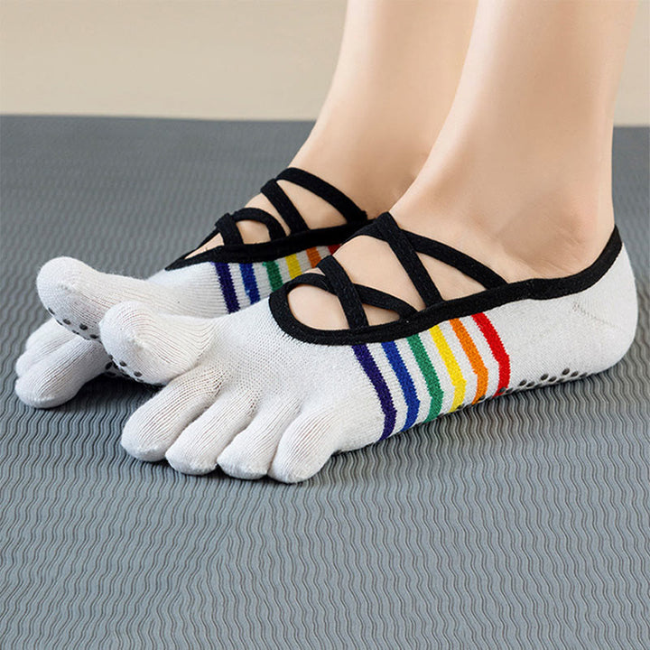 Chaussettes de yoga pour femmes Olivenorma à brides croisées, dos nu, cinq orteils, color-block arc-en-ciel, antidérapantes et respirantes - image 2
