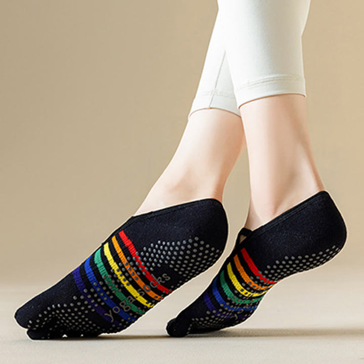 Chaussettes de yoga pour femmes Olivenorma à brides croisées, dos nu, cinq orteils, color-block arc-en-ciel, antidérapantes et respirantes - image 4