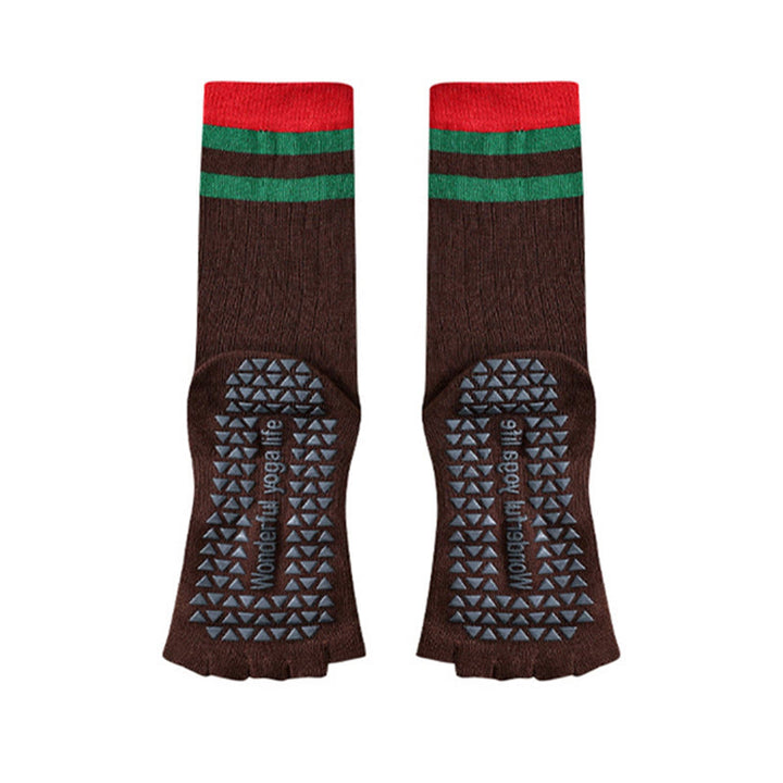 Chaussettes de yoga Olivenorma mi-mollet à cinq orteils avec bordure contrastée, antidérapantes et respirantes en coton, pour femmes. - Brun - 10 paires - image 13