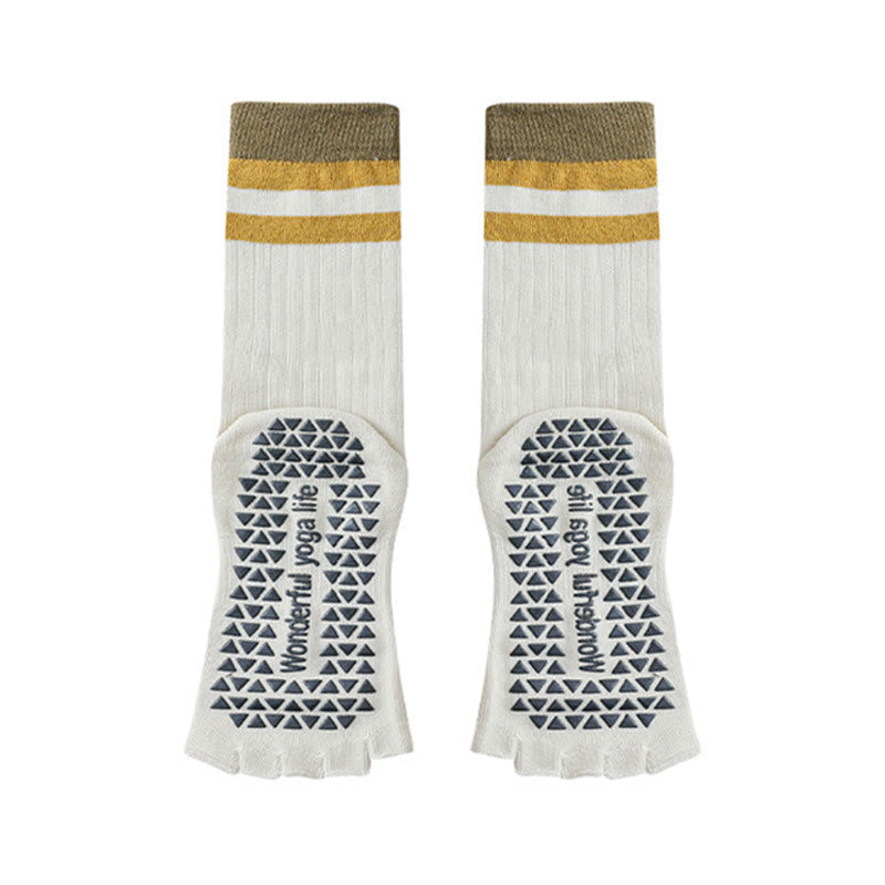 Chaussettes de yoga Olivenorma mi-mollet à cinq orteils avec bordure contrastée, antidérapantes et respirantes en coton, pour femmes. - Jaune-blanc - 10 paires - image 5