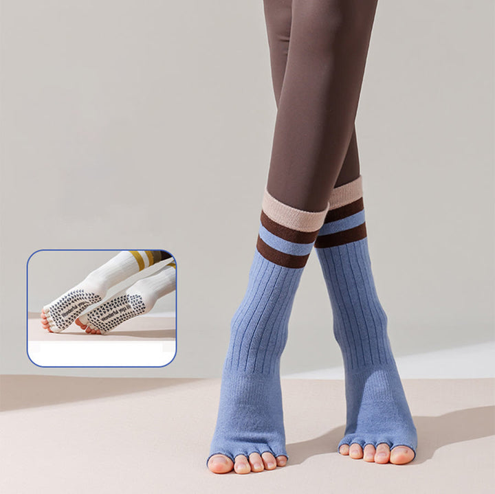 Chaussettes de yoga Olivenorma mi-mollet à cinq orteils avec bordure contrastée, antidérapantes et respirantes en coton, pour femmes. - Bleu - 10 paires - image 0
