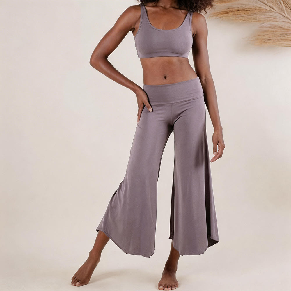 Pantalon de yoga court taille haute Olivenorma, couleur unie et extensible, idéal pour le sport et la détente. Coupe évasée. - Violet lavande - 2XL - image 0