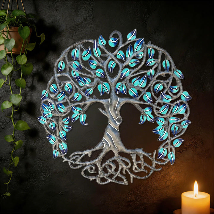 Décoration murale en métal Arbre de Vie turquoise Olivenorma - Bohème spirituel - 38 cm x 38 cm x 1,2 mm - image 0