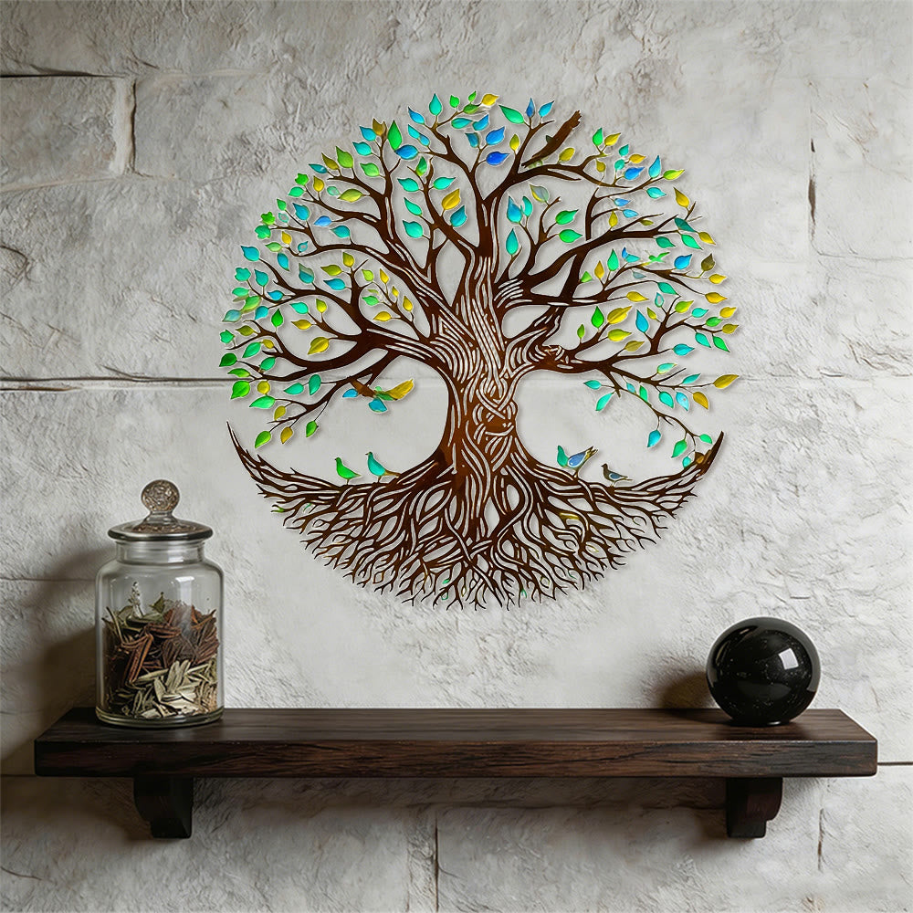 Décoration murale en métal Olivenorma Arbre de Vie coloré avec oiseaux - Bohème fantaisiste - image 0