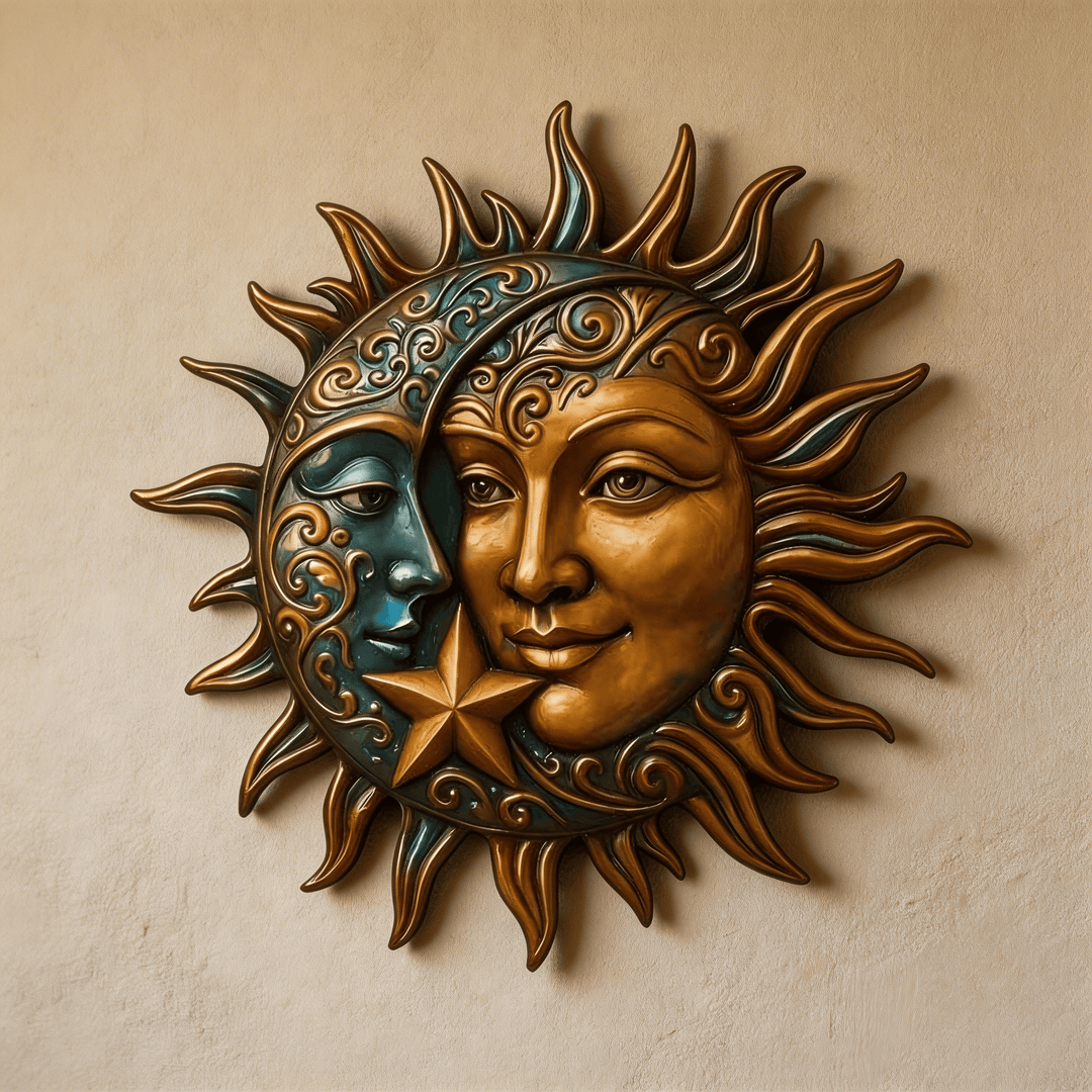 Décoration murale en métal céleste Olivenorma Visage de soleil et de lune - Céleste Orné - 38 cm x 38 cm x 1,2 mm - image 0