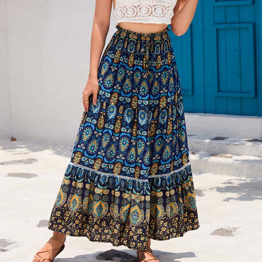 Robe longue à volants taille haute Olivenorma style bohème imprimé cachemire - Bleu marine - XL - image 8