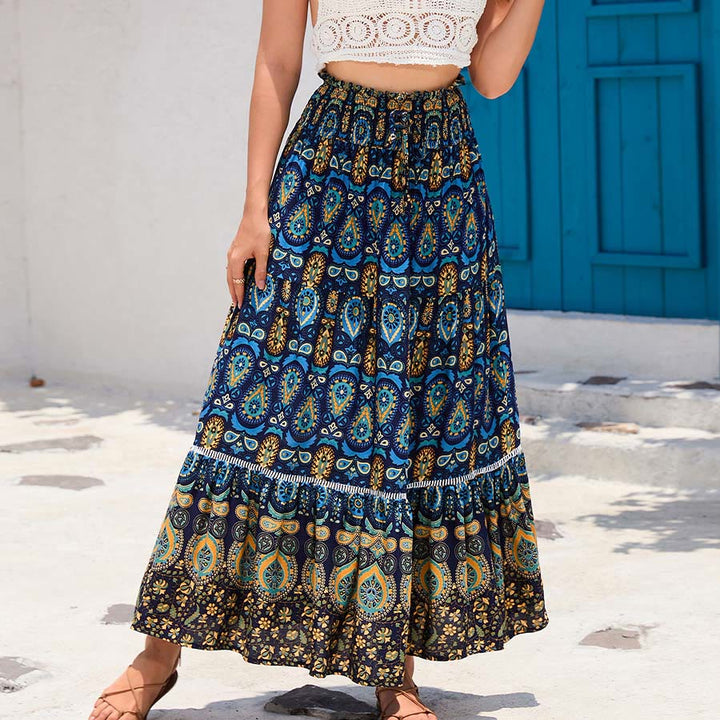 Robe longue à volants taille haute Olivenorma style bohème imprimé cachemire - Bleu marine - XL - image 8
