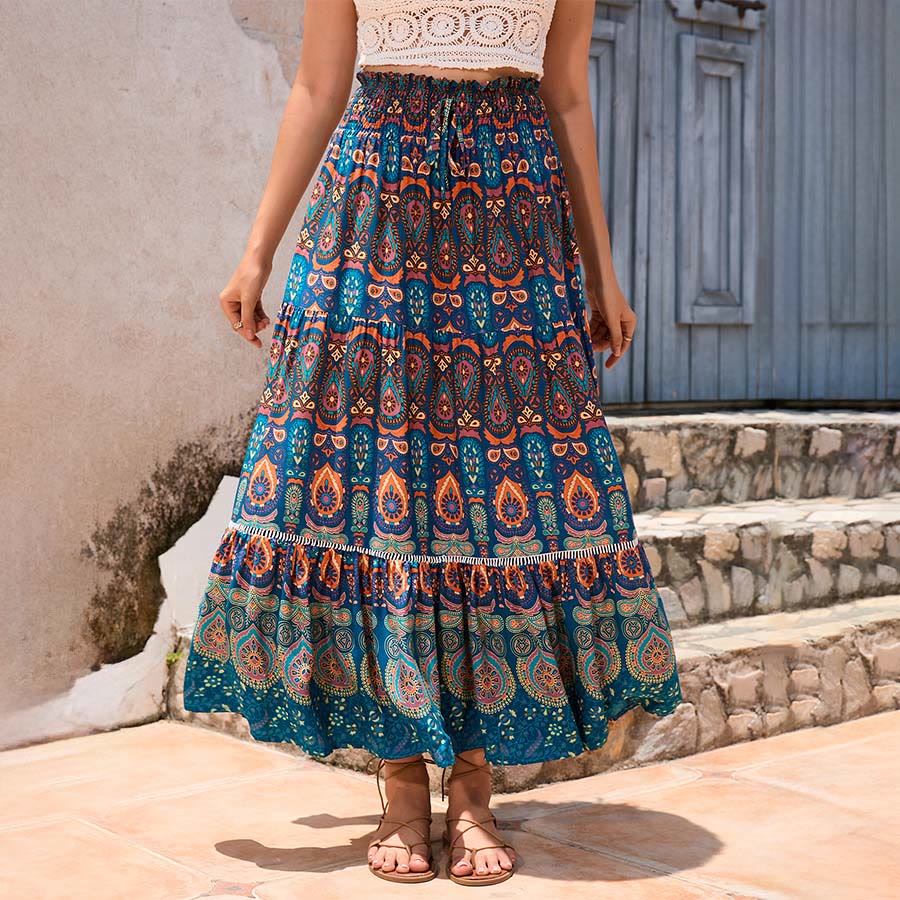 Robe longue à volants taille haute Olivenorma style bohème imprimé cachemire - Bleu paon - XL - image 0