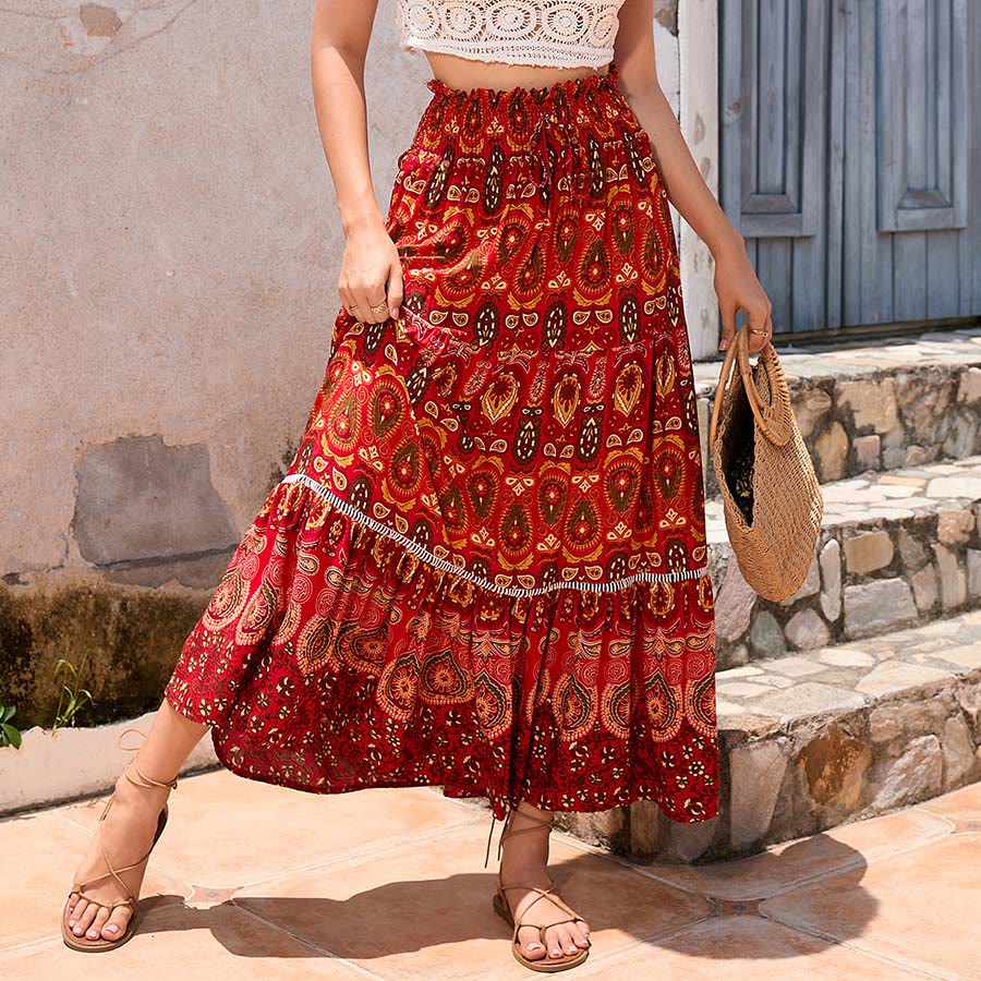 Robe longue à volants taille haute Olivenorma style bohème imprimé cachemire - Rouge - XL - image 13