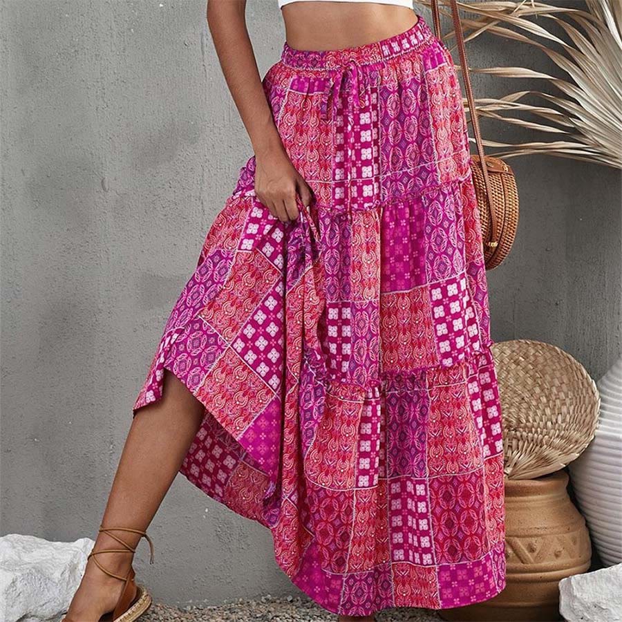Robe longue Olivenorma bohème à imprimé patchwork et à volants, taille haute, pour femme - Magenta - 5XL - image 4