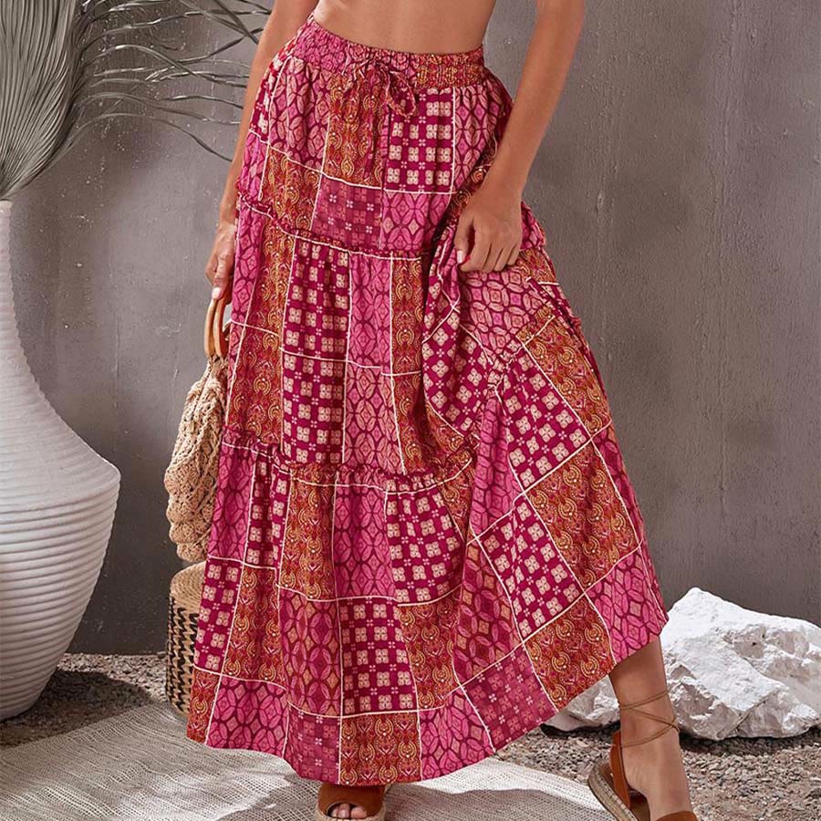 Robe longue Olivenorma bohème à imprimé patchwork et à volants, taille haute, pour femme - image 1