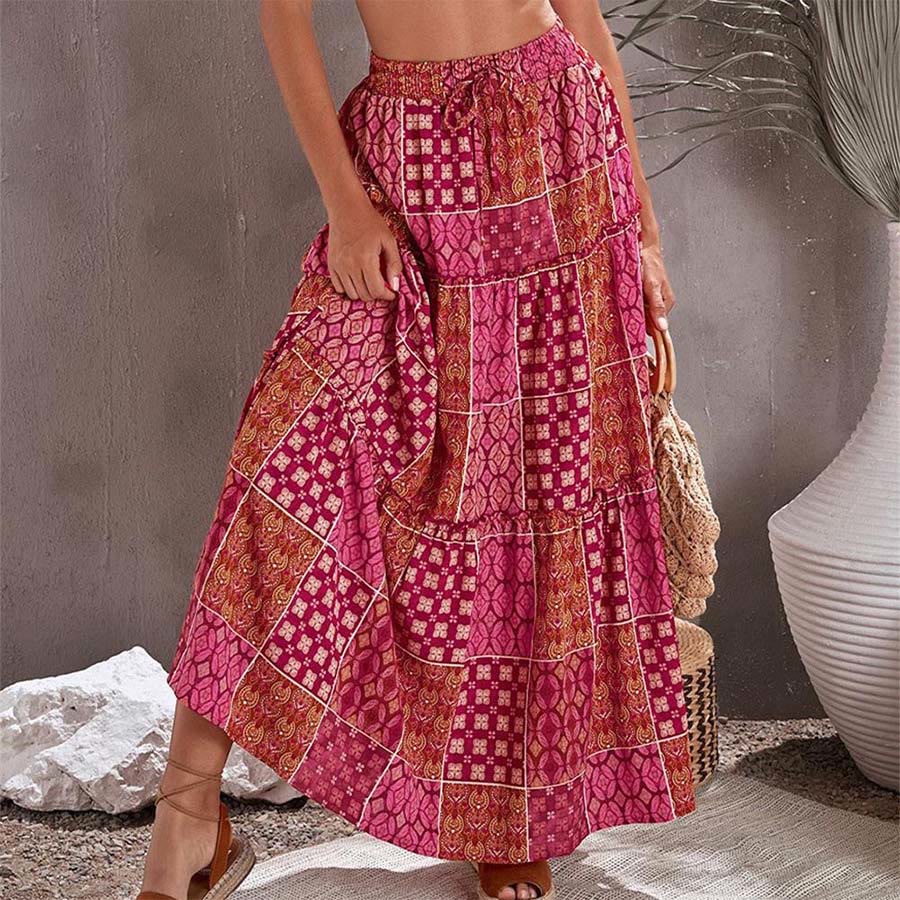 Robe longue Olivenorma bohème à imprimé patchwork et à volants, taille haute, pour femme - Rouge - 5XL - image 0