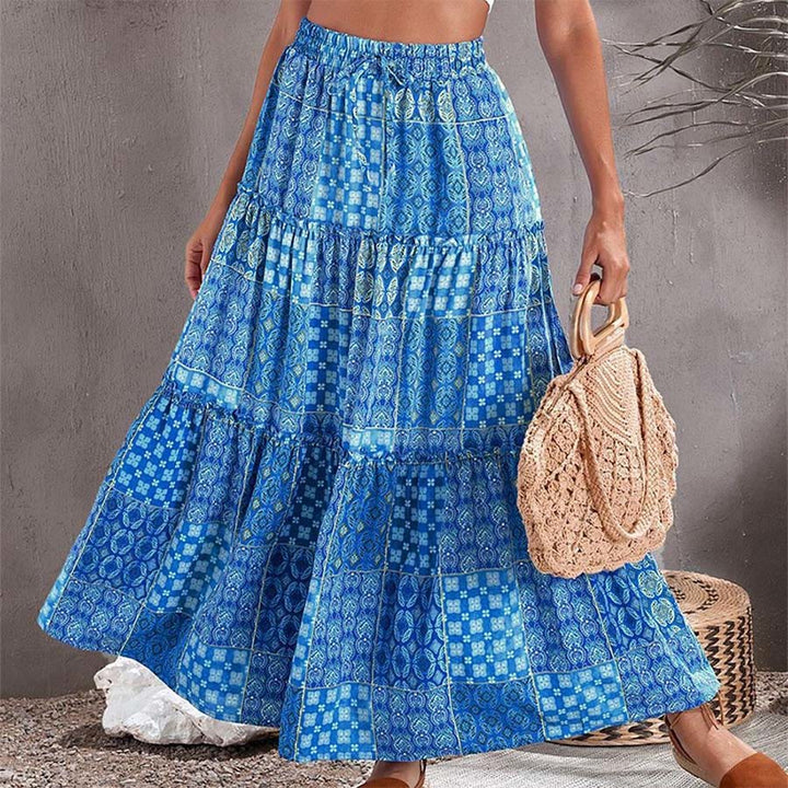 Robe longue Olivenorma bohème à imprimé patchwork et à volants, taille haute, pour femme - Bleu - 5XL - image 3