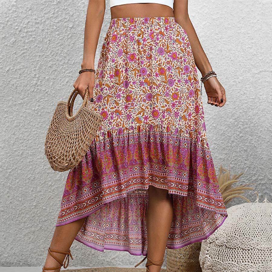 Robe longue Olivenorma bohème à imprimé floral et taille haute, asymétrique à volants, pour femme - Magenta - XL - image 0