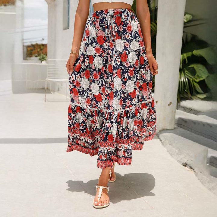 Robe longue à volants taille haute à imprimé floral bohème Olivenorma - Rouge - XL - image 6