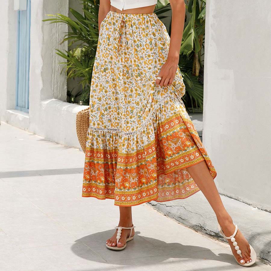Robe longue à volants taille haute à imprimé floral bohème Olivenorma - image 4