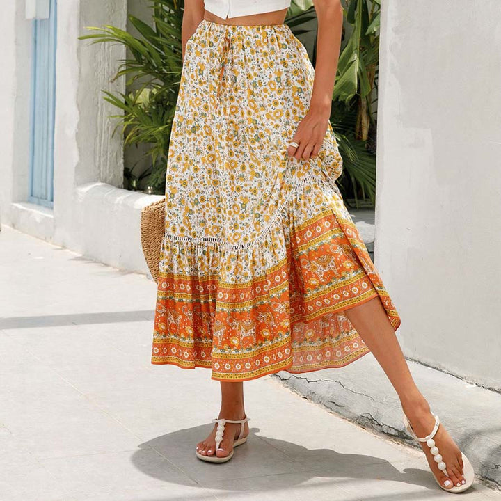 Robe longue à volants taille haute à imprimé floral bohème Olivenorma - image 4