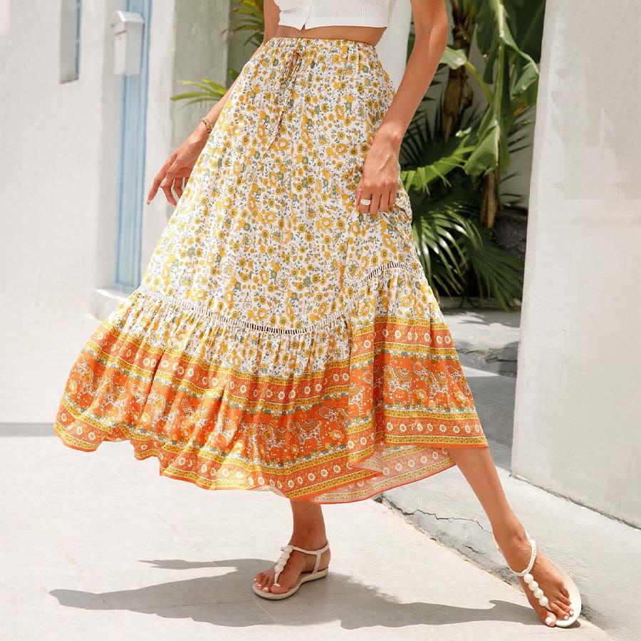 Robe longue à volants taille haute à imprimé floral bohème Olivenorma - Orange - XL - image 0