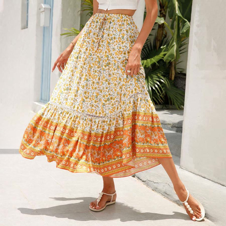 Robe longue à volants taille haute à imprimé floral bohème Olivenorma - Orange - XL - image 0