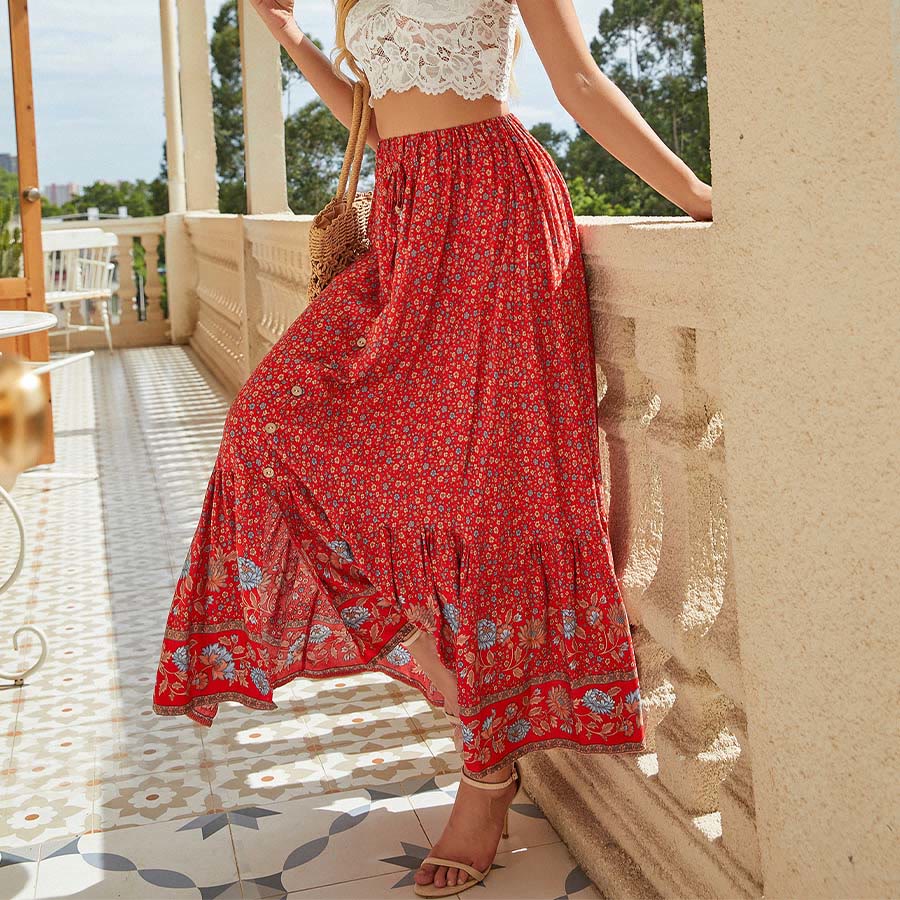 Robe longue Olivenorma bohème à imprimé floral, taille haute, cordon de serrage et boutons à volants pour femme - image 16