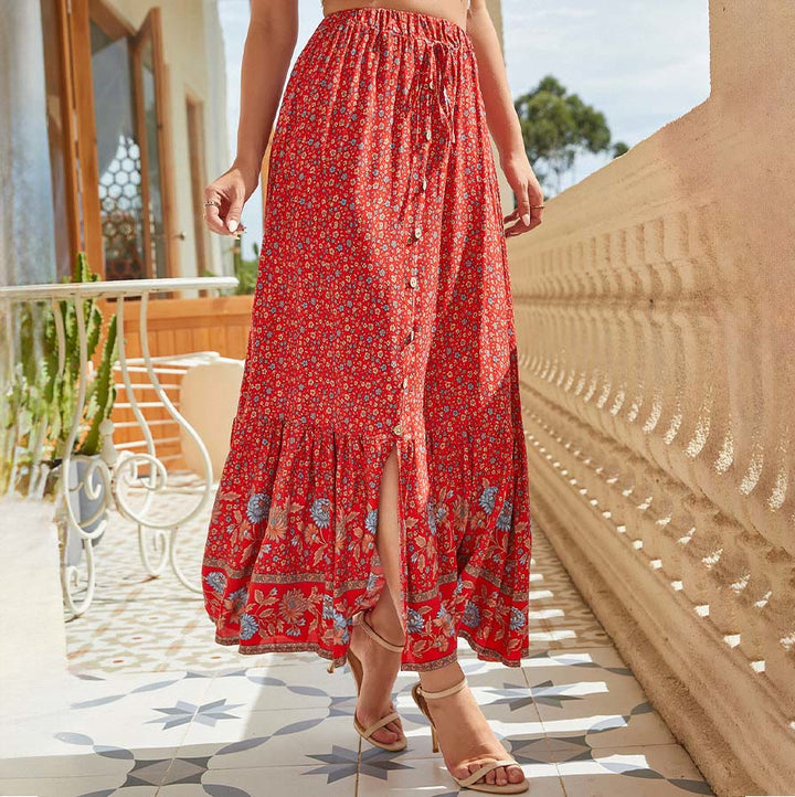 Robe longue Olivenorma bohème à imprimé floral, taille haute, cordon de serrage et boutons à volants pour femme - Rouge - XL - image 13