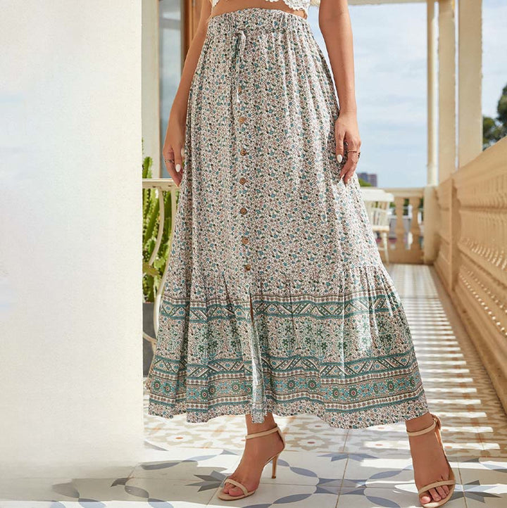 Robe longue Olivenorma bohème à imprimé floral, taille haute, cordon de serrage et boutons à volants pour femme - image 1