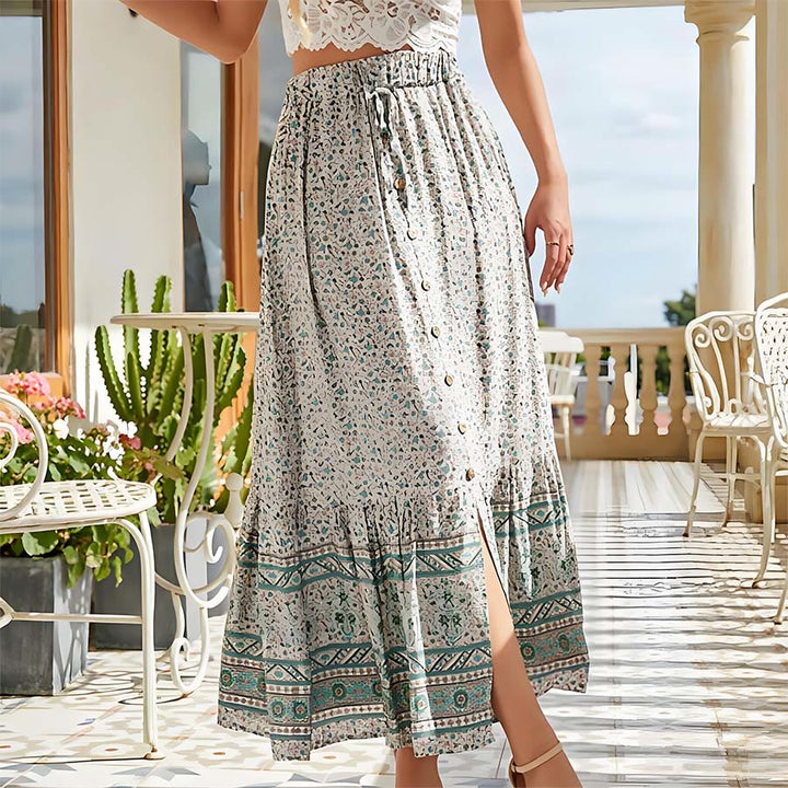 Robe longue Olivenorma bohème à imprimé floral, taille haute, cordon de serrage et boutons à volants pour femme - image 4