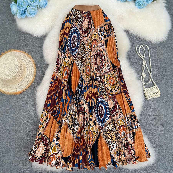 Robe longue plissée taille haute à imprimé patchwork bohème Olivenorma - Gris-Jaune - image 7