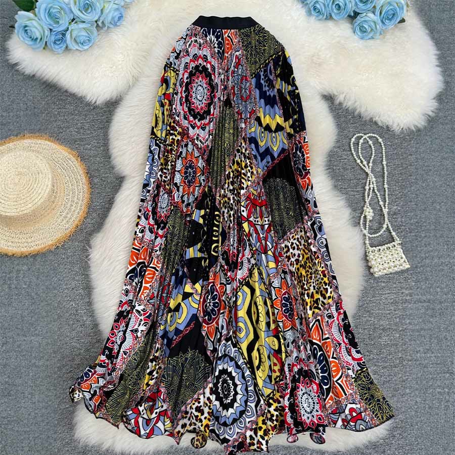Robe longue plissée taille haute à imprimé patchwork bohème Olivenorma - Noir - image 12