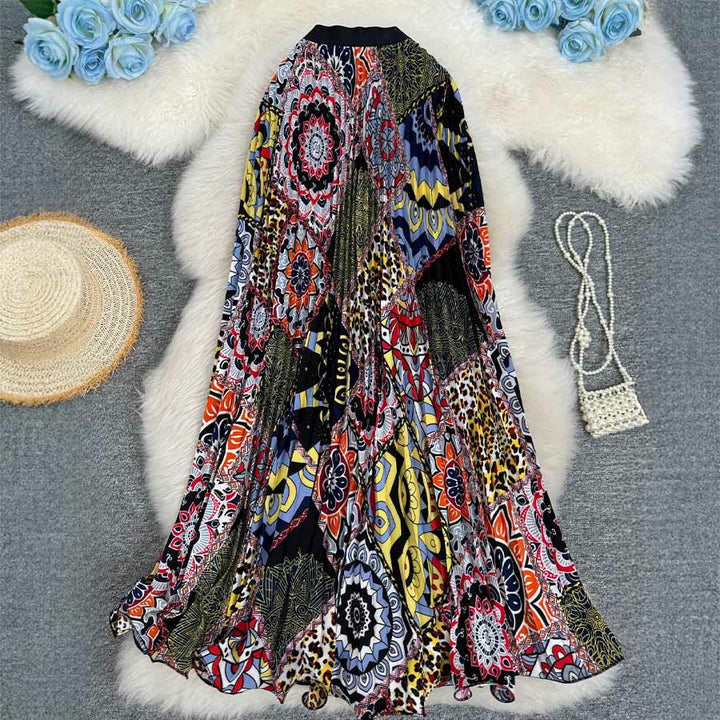 Robe longue plissée taille haute à imprimé patchwork bohème Olivenorma - Noir - image 12