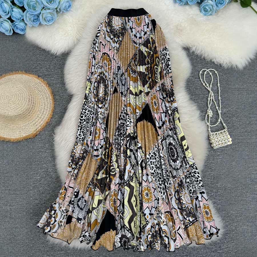 Robe longue plissée taille haute à imprimé patchwork bohème Olivenorma - Gris-noir - image 11