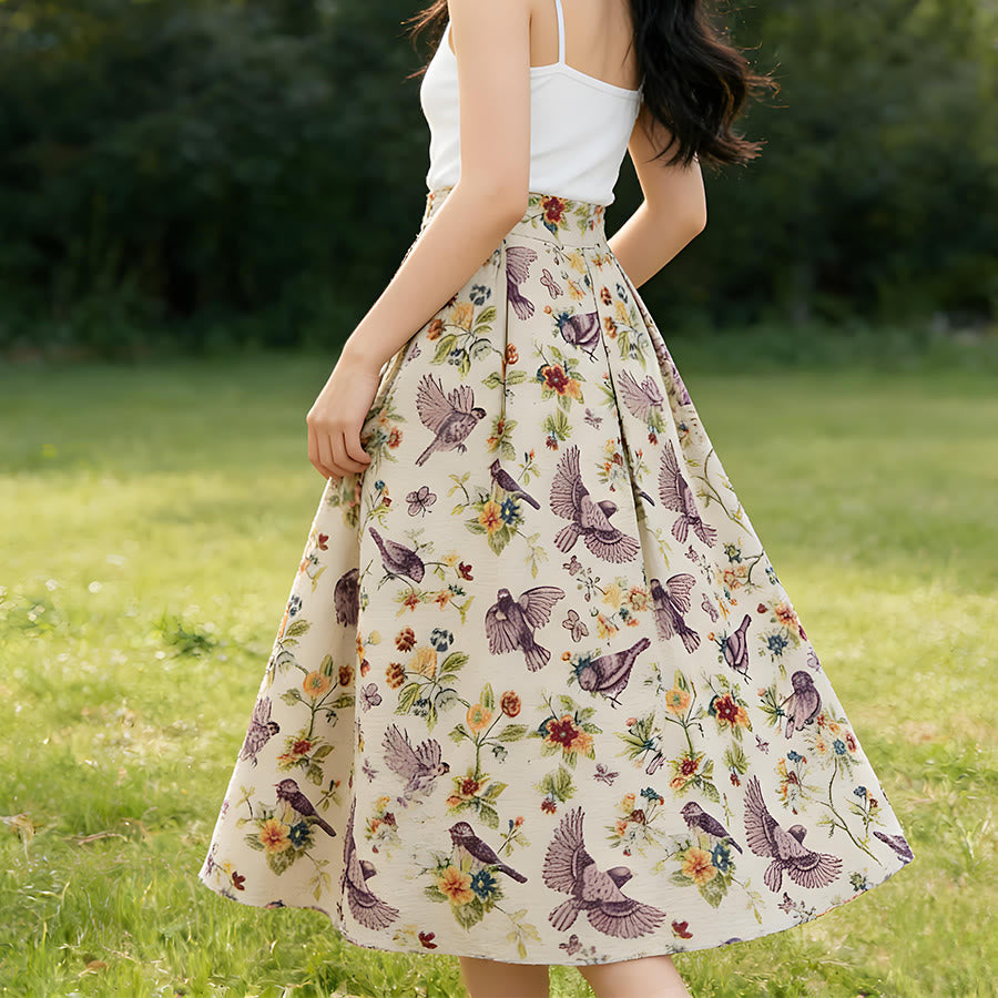 Robe longue plissée taille haute Olivenorma à imprimé floral bohème et oiseaux - image 2