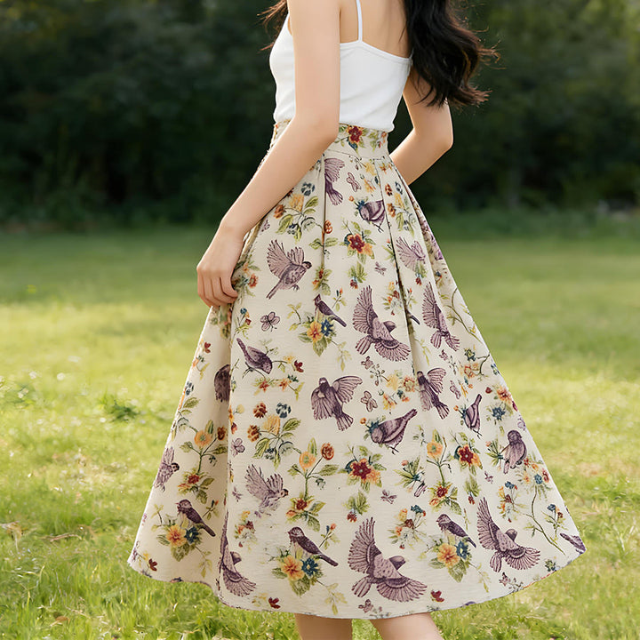 Robe longue plissée taille haute Olivenorma à imprimé floral bohème et oiseaux - image 2