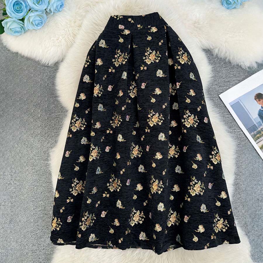 Robe longue plissée taille haute Olivenorma à imprimé floral bohème et oiseaux - Petit motif floral noir - XL - image 9
