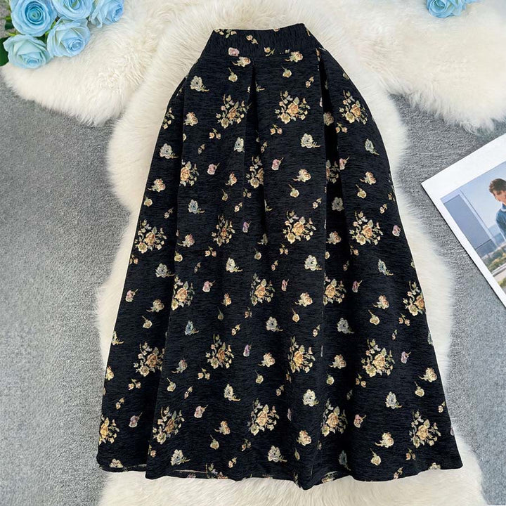 Robe longue plissée taille haute Olivenorma à imprimé floral bohème et oiseaux - Petit motif floral noir - XL - image 9