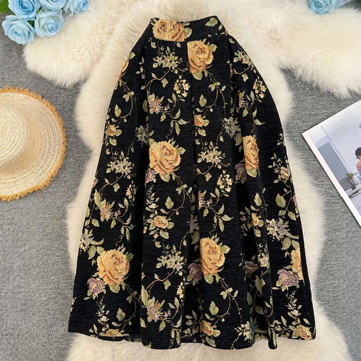 Robe longue plissée taille haute Olivenorma à imprimé floral bohème et oiseaux - Grand motif floral noir - XL - image 10