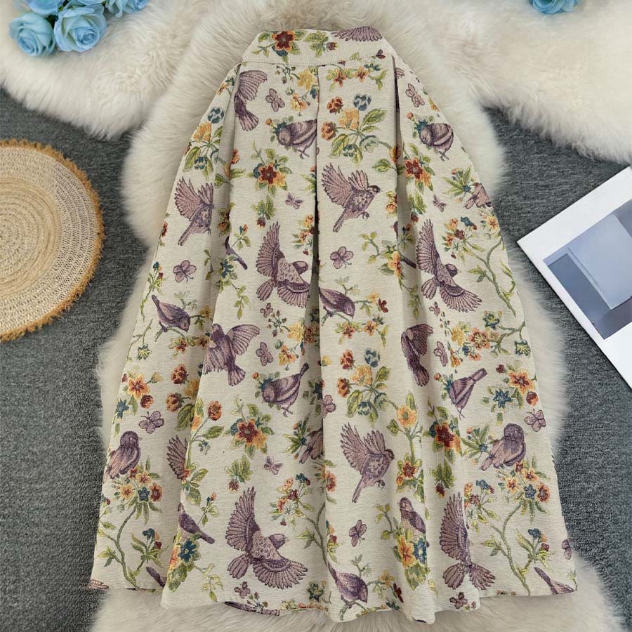 Robe longue plissée taille haute Olivenorma à imprimé floral bohème et oiseaux - Pie abricot - XL - image 0