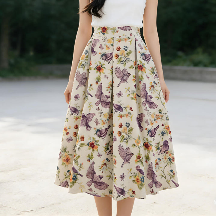 Robe longue plissée taille haute Olivenorma à imprimé floral bohème et oiseaux - image 1