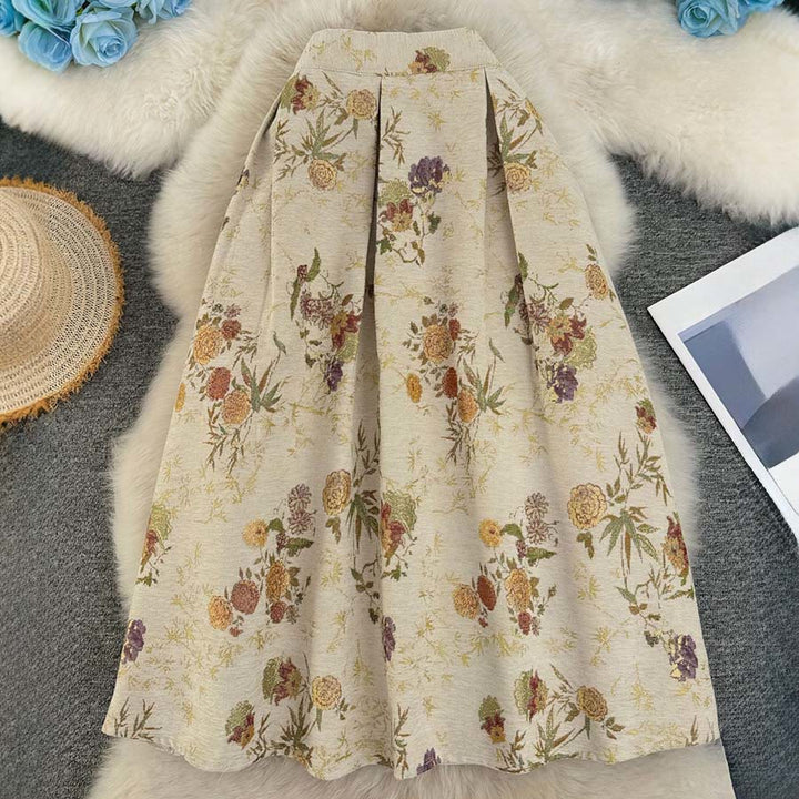 Robe longue plissée taille haute Olivenorma à imprimé floral bohème et oiseaux - Petit motif floral abricot - XL - image 6
