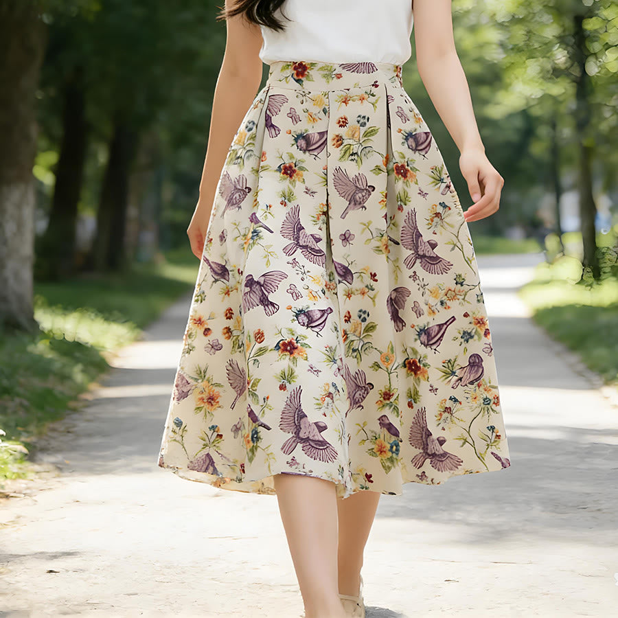 Robe longue plissée taille haute Olivenorma à imprimé floral bohème et oiseaux - image 3