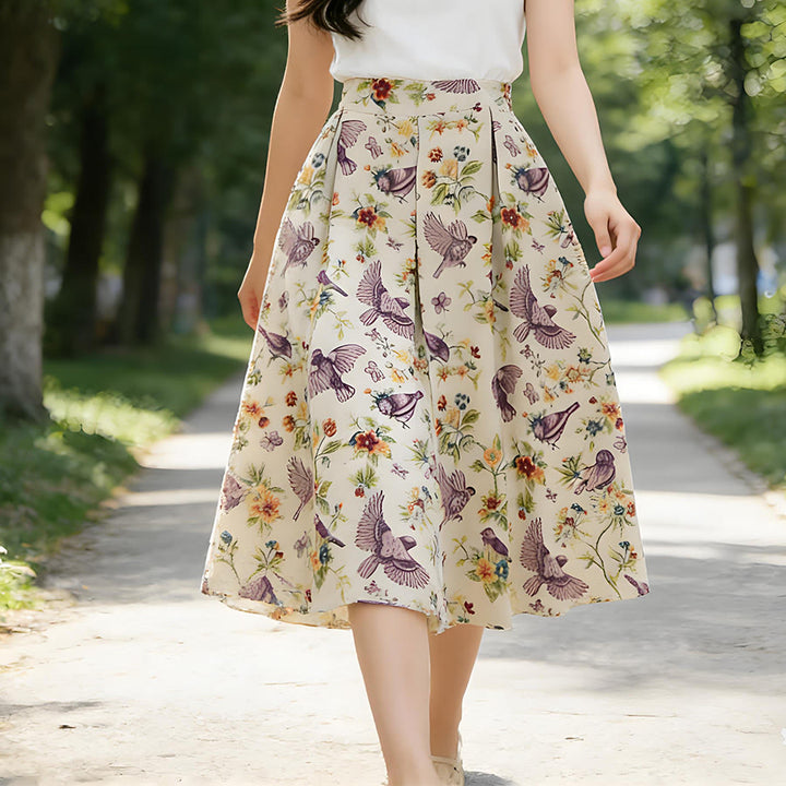 Robe longue plissée taille haute Olivenorma à imprimé floral bohème et oiseaux - image 3