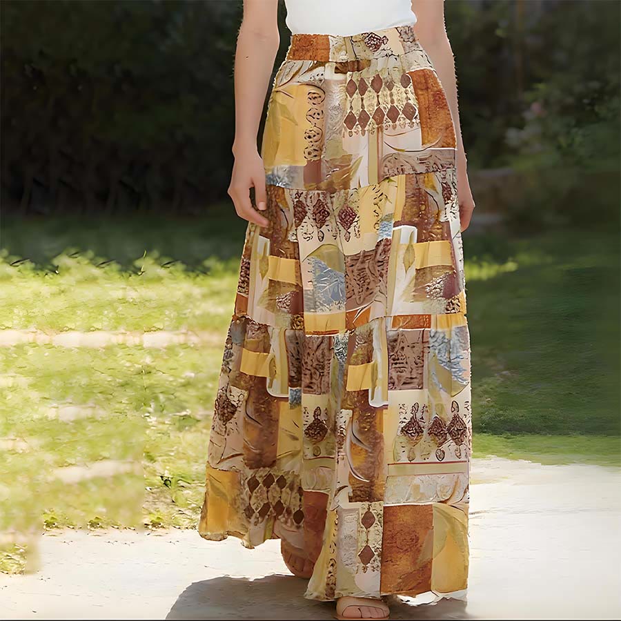 Robe longue Olivenorma Boho Patchwork taille haute pour femme - Brun - image 0
