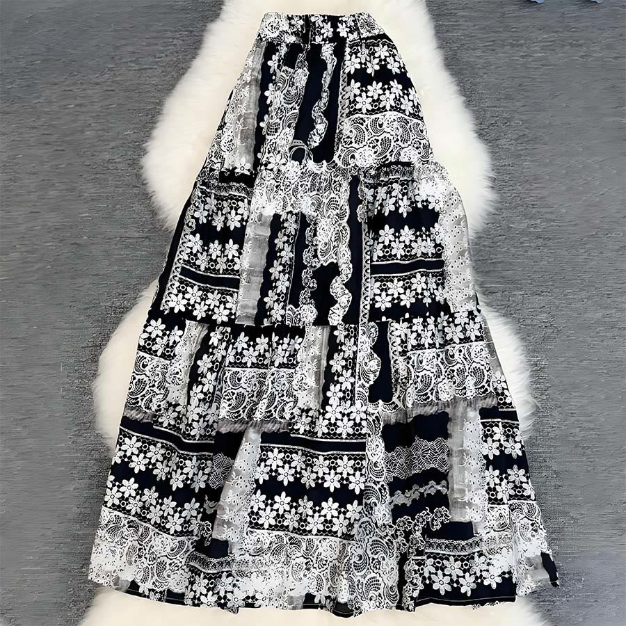 Robe longue Olivenorma Boho Patchwork taille haute pour femme - Noir et blanc - image 20