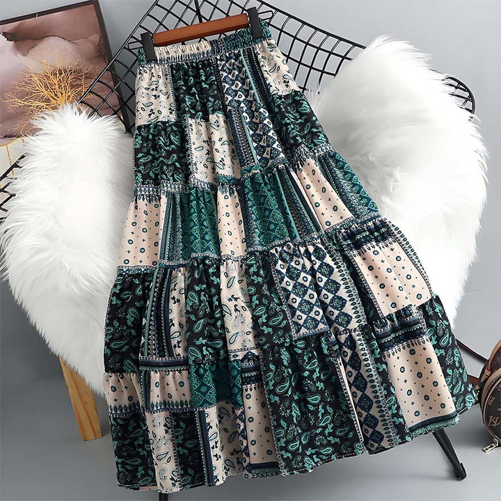 Robe longue à volants taille haute Olivenorma style bohème, imprimé cachemire patchwork - image 1
