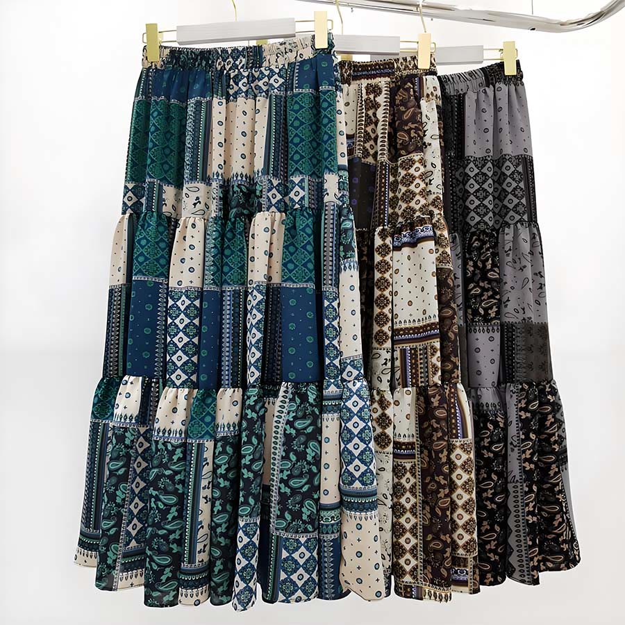 Robe longue à volants taille haute Olivenorma style bohème, imprimé cachemire patchwork - image 15
