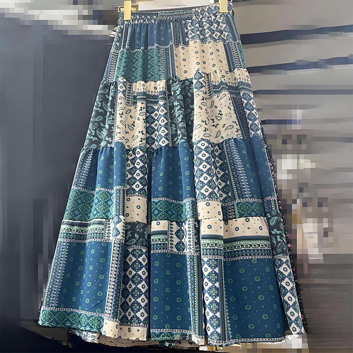 Robe longue à volants taille haute Olivenorma style bohème, imprimé cachemire patchwork - image 4
