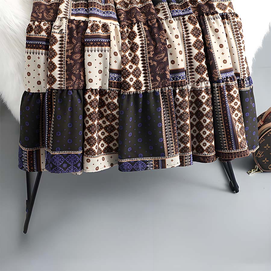Robe longue à volants taille haute Olivenorma style bohème, imprimé cachemire patchwork - image 9